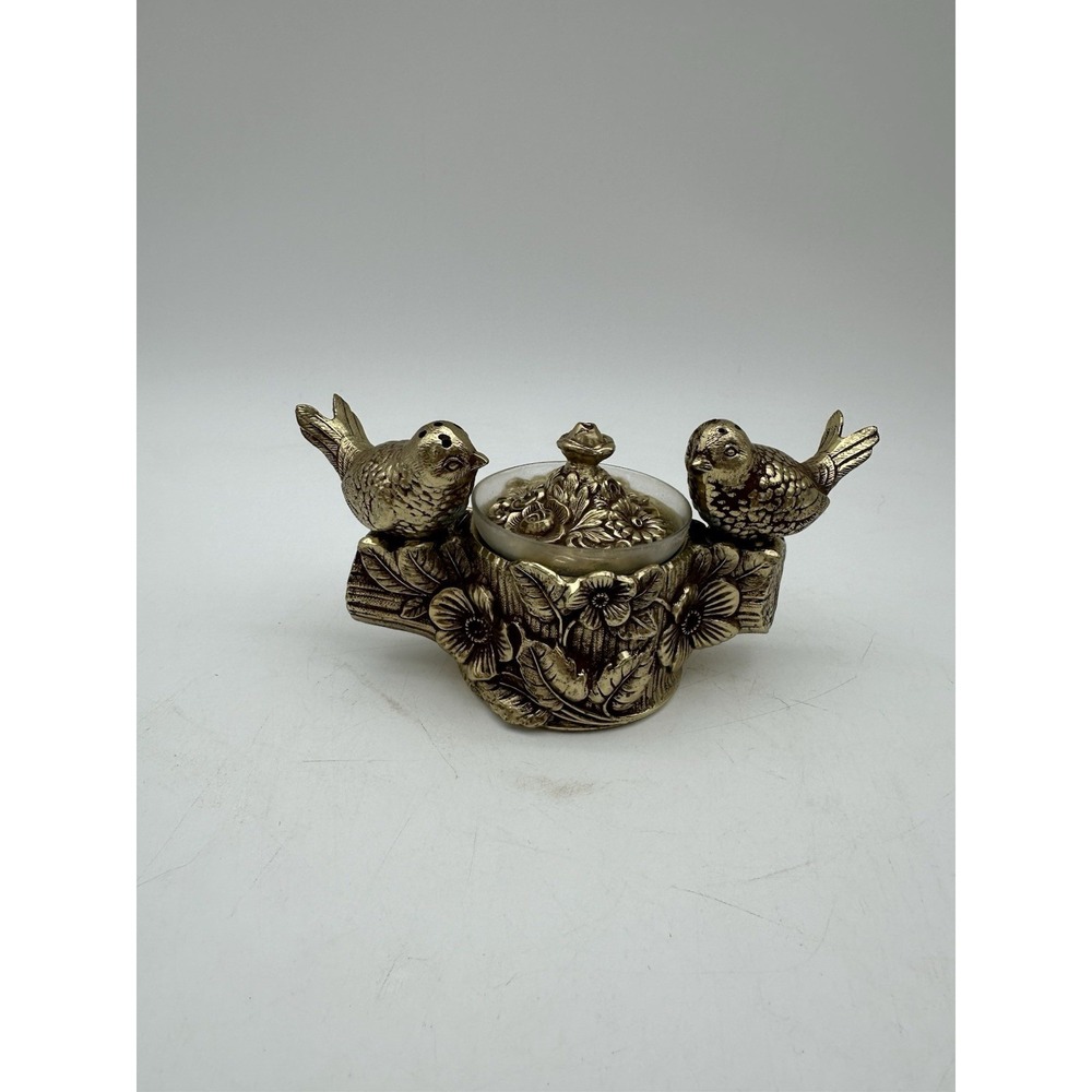 Vintage Love Birds Gold Tone Salt & Pepper Shakers W/ Salt Cellar Pat#07682
